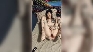 Trans angel showing off her feet whilst slamming a sextoy unfathomable in her twat