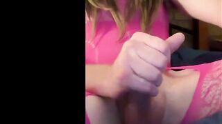 Jerking off in Pink Fishnet