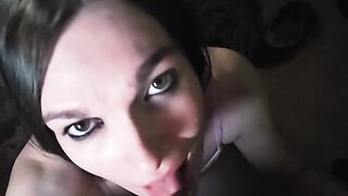 Cute Small Brunette hair Trans angel giving a sloppy oral job to this large schlong man