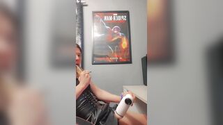 Femboy sucks vibrator whilst using her flashlight