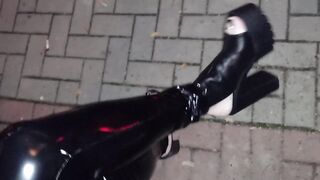platform shoes and latex leggings - public crossdressing