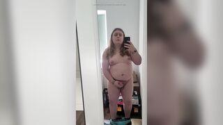 T-girl jerks off in public storage room