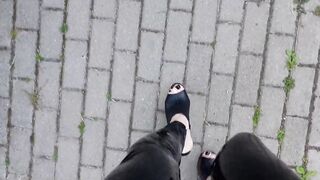 platform mules and latex leggings