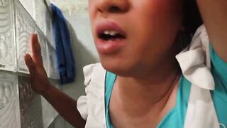 Crossdresser maid cleans the baths and gets banged by the owner