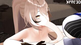 Mumei sucks off and gets a plump load in the face from shemale hentai Kronii