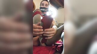 Sissy crossdresser CD TS tg in venom mask and chastity cage puts on heels fixes nylons feet trans