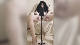 Crossdresser in white nylon playing with her dickh