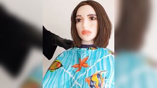 Breasty tpe sex doll gets overspread in shampoo PVC hairdressing capes by ladyboy barberette