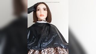 Breasty tpe screw doll nylon cape modeling session with ladyboy barberette