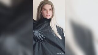 Breasty zelex doll Jennifer ebony hairdressing cape fetish bare modeling ladyboy barberette