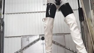 Alison in latex and white denim shorts