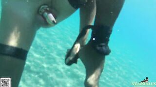 Peniscage&stocking in the public sea