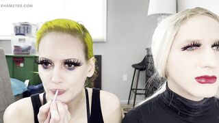 Dude and Woman Putting on Lipliner and Lipstick