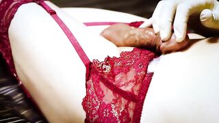 Crossdresser spunk fountain in garter strap