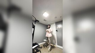 Sexy trans wearing her hot pink suit teasing massive melons