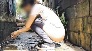 Marvelous gal Pissing and playing outdoor