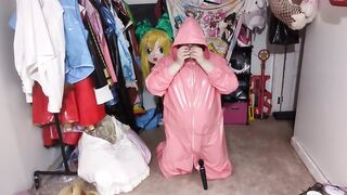 Pink PVC Dress, Gagged and Breathplay Hood