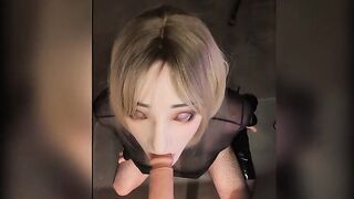 POV penis sucking, deepthroat Blond in Boots, fishnets, corset and red pvc dress