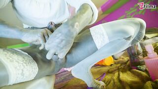 Tattoo TS anal and CBT play - enormous solo playing with bounded tattooed rod and vibrators