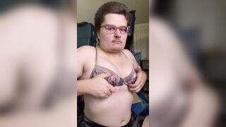 Transsexual plays with her melons and shakes 'em