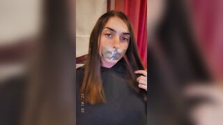 GlitterGiiiirl’s Throat Sealed with Duct Tape Caressing Chastity Cage Beneath Sheer Hose [Preview]