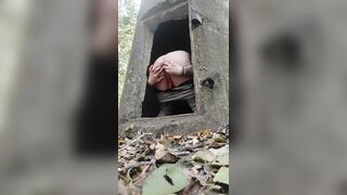 Exhibitionist crossdresser out in the woods in the bunker nearly caught giving up slaves