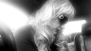 Older TG CD Rainbow Wig Leather Gloves Smokin' VS120s like a PRO in her car