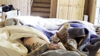 FTM-Tattooed Muscle Hottie Early Morning Jerkoff, Butch, Large Love button, Hitachi, Obese Cunt