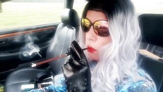 OLDER LIKES TO DRIVE AND SMOKE HER LENGTHY CIGARETTES
