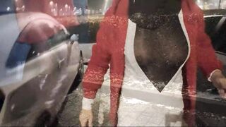 Crossdresser in nylon bodysuit with ramrod sleeve