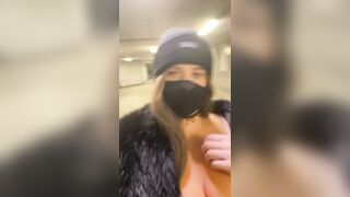 Trans show her fake tits on teach station