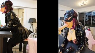 Sissy lola latex noir en Double écran se fait baiser la bouche par sa sex machine en gorge profonde et s'empalle sur un gros pénis