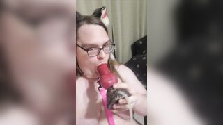 Sissy Cat Gal Gags on Giant Vibrator