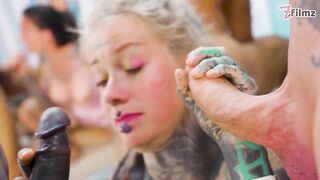 Squirting Fuckfest with Tattooed harlots and Large Knob anal-act of love ends with massive facials!