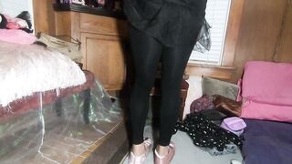 Cute T-hotty in frilly suit and ebony tights showing off her toenail polish