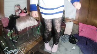 Cute t-gal teasing in lacy tights with socks and hockey jersey
