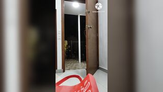 Sissy shows her booty in a miniskirt to this food delivery chap