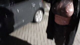 Fullbody encasement fake cum overload on risky public place