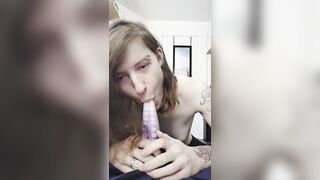 Cute trans hotty gives head to thick alien vibrator