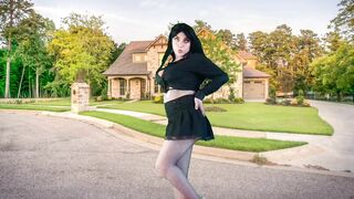 555 Femboy Outdoor Charming Gothic Traveller in front of Lovely Home