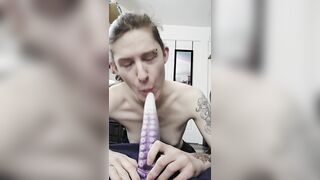Trans angel gives head to a thick vibrator