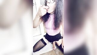 Cute sissy doxy teases and sucks sextoy