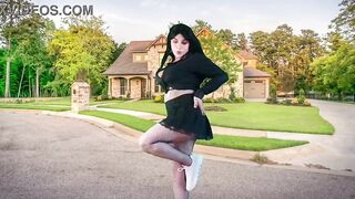 555 Femboy Outdoor Gorgeous Gothic Traveller in front of Pleasing Home