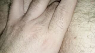 Crossdressing corpulent man fingering rectal hole