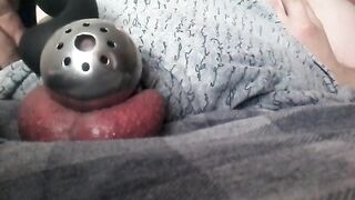 Cumming in chastity cage with a sextoy and eating the mess