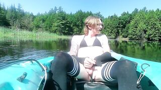 strawberry golden-haired alternative femboy in ebony bikini & haunch socks, nature kyak session - solo cum in cove