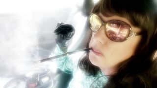 OLDER BRUNETTE HAIR MRS. ROMAN CAR SMOKIN' HER GREATER QUANTITY 120 MENTHOLS IN HER EBONY CIGARETTE HOLDER
