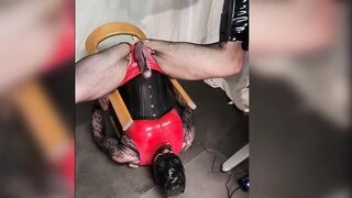 Cum Handsfree Onto Mask in Throat, by Electro Stim. Nice-looking CD in Red Pvc Costume, Highheel Boots, Fishnets and Corset.
