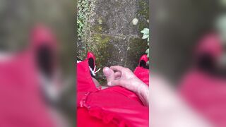 Cum public Crossdresser red nylons