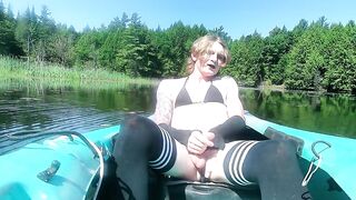 strawberry golden-haired emo femboy in ebony bikini & haunch socks, nature kayak session - solo cum in cove